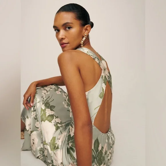 NEW NWT Reformation Anaiis Silk Maxi Dress Tarragon Floral Open Back High Neck 6 - Picture 4 of 17